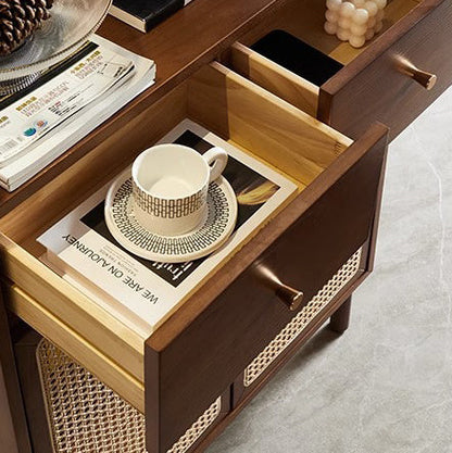 Traditional Chinese Solid Wood Plywood Ash Wood Rattan Curved Side Table With 2 Drawers For Living Room