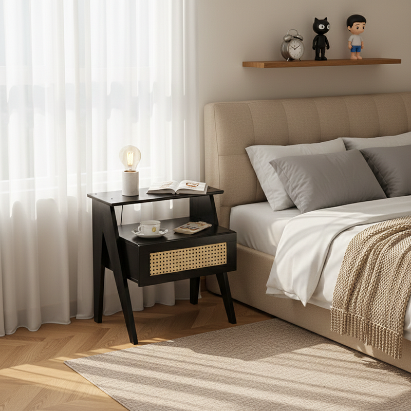 Traditional Vintage Bamboo ABS Rattan Stepped Square Nightstand With 1 Drawer For Bedroom