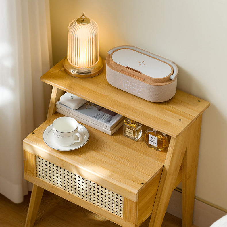 Traditional Vintage Bamboo ABS Rattan Stepped Square Nightstand With 1 Drawer For Bedroom