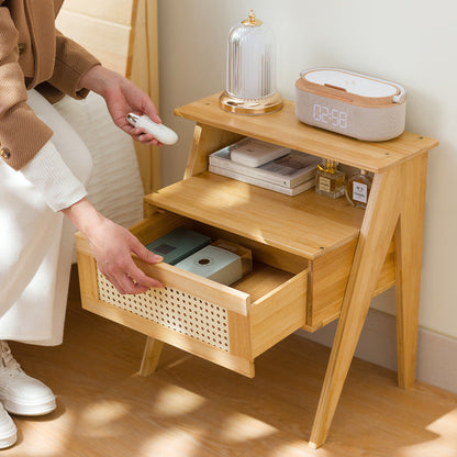 Traditional Vintage Bamboo ABS Rattan Stepped Square Nightstand With 1 Drawer For Bedroom