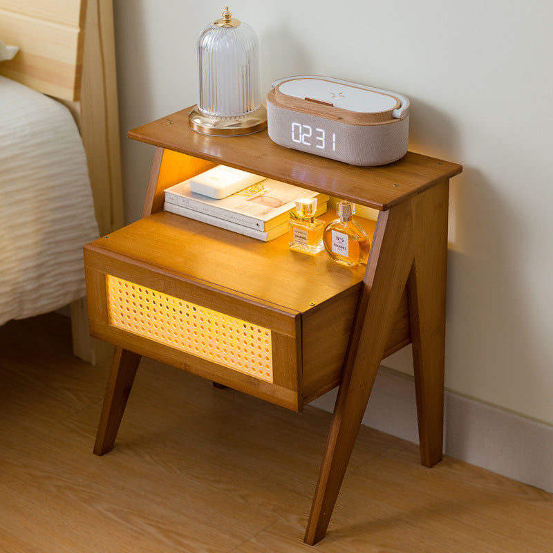 Traditional Vintage Bamboo ABS Rattan Stepped Square Nightstand With 1 Drawer For Bedroom