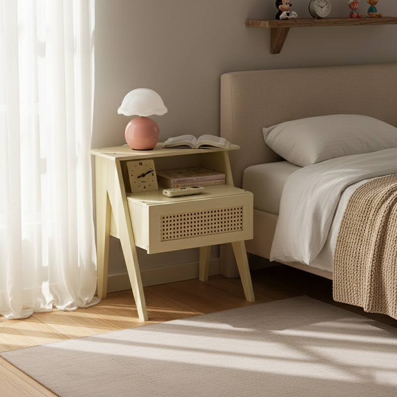 Traditional Vintage Bamboo ABS Rattan Stepped Square Nightstand With 1 Drawer For Bedroom
