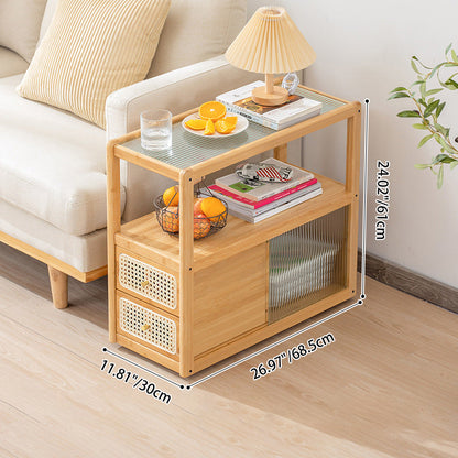 Modern Minimalist Bamboo Solid Wood Plywood Resin Rattan Glass Rectangular Mobile Side Table With 2 Drawers For Living Room