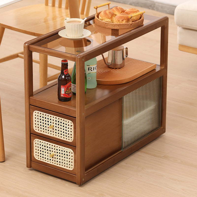 Modern Minimalist Bamboo Solid Wood Plywood Resin Rattan Glass Rectangular Mobile Side Table With 2 Drawers For Living Room