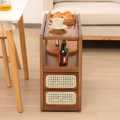 Modern Minimalist Bamboo Solid Wood Plywood Resin Rattan Glass Rectangular Mobile Side Table With 2 Drawers For Living Room