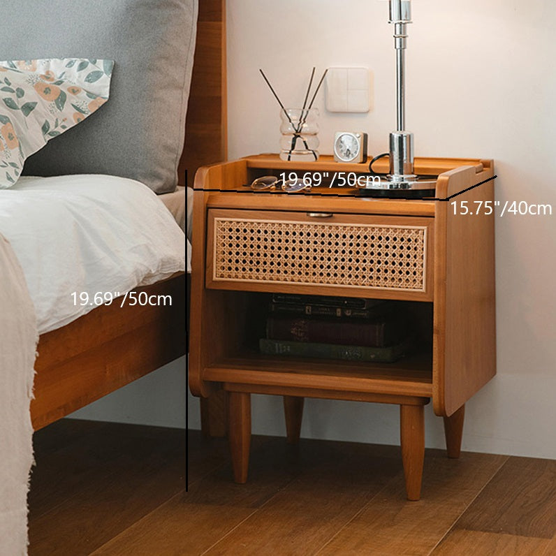 Traditional Vintage Solid Wood Natural Rattan Curved Hollow Rectangular Nightstand With Drawer For Bedroom