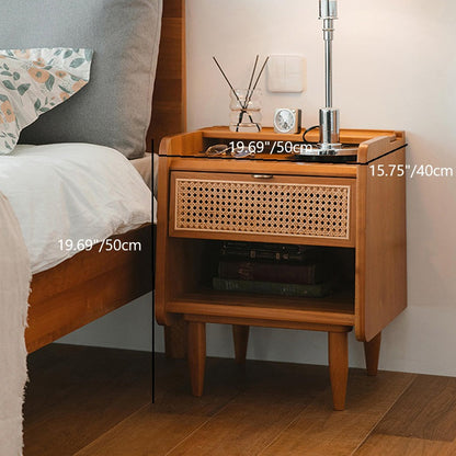 Traditional Vintage Solid Wood Natural Rattan Curved Hollow Rectangular Nightstand With Drawer For Bedroom