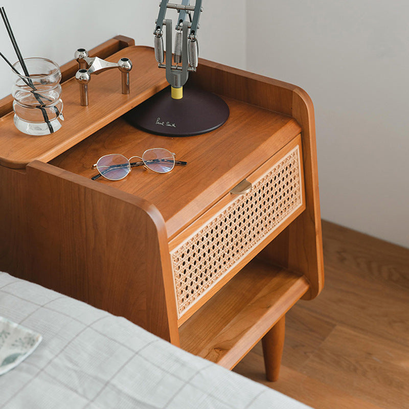 Traditional Vintage Solid Wood Natural Rattan Curved Hollow Rectangular Nightstand With Drawer For Bedroom