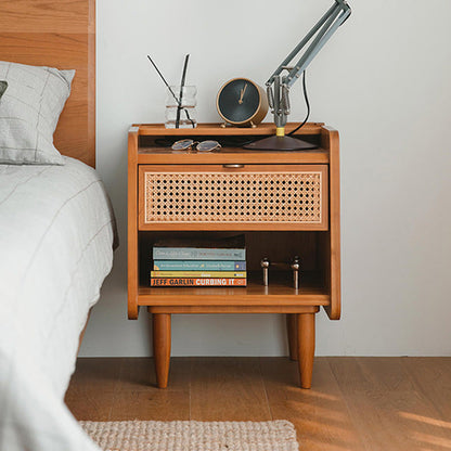 Traditional Vintage Solid Wood Natural Rattan Curved Hollow Rectangular Nightstand With Drawer For Bedroom