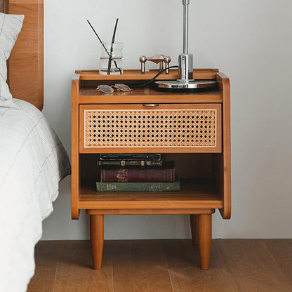 Traditional Vintage Solid Wood Natural Rattan Curved Hollow Rectangular Nightstand With Drawer For Bedroom