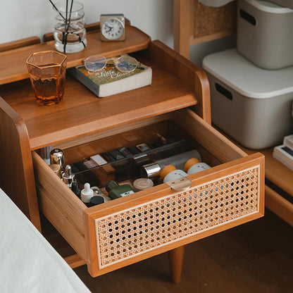 Traditional Vintage Solid Wood Natural Rattan Curved Hollow Rectangular Nightstand With Drawer For Bedroom