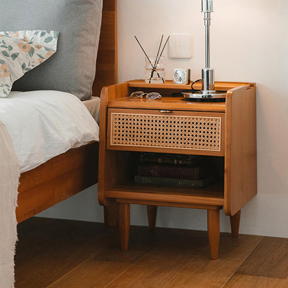 Traditional Vintage Solid Wood Natural Rattan Curved Hollow Rectangular Nightstand With Drawer For Bedroom