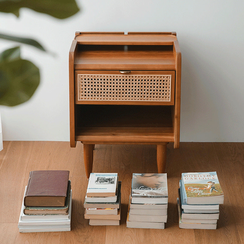 Traditional Vintage Solid Wood Natural Rattan Curved Hollow Rectangular Nightstand With Drawer For Bedroom
