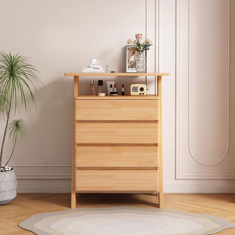 Traditional Chinese Solid Wood Multi-Layer Board Rubberwood Rectangular Sideboard 4-Drawer Storage Cabinet For Living Room