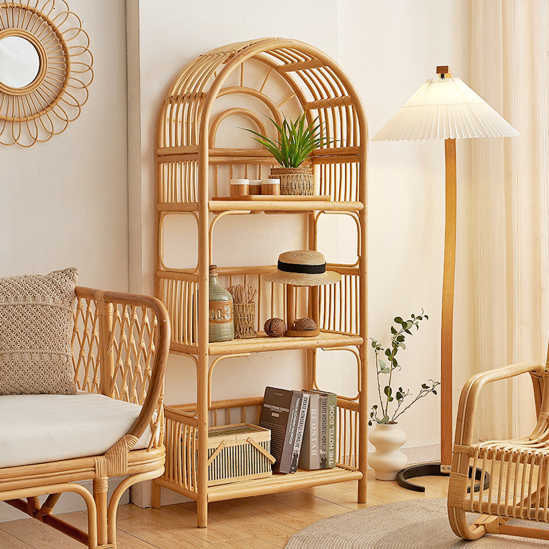 Traditional Japanese Indonesian Rattan Arched Bookshelf 3/4-Tier Shelf For Living Room