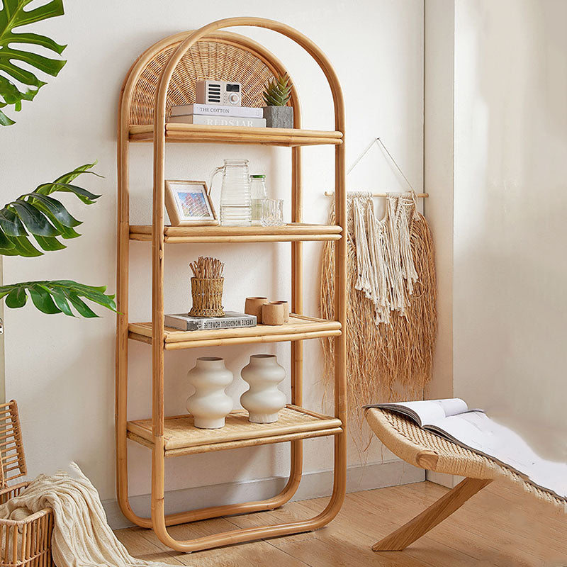 Traditional Japanese Indonesian Rattan Arched Bookshelf 3/4-Tier Shelf For Living Room