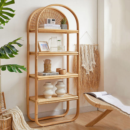 Traditional Japanese Indonesian Rattan Arched Bookshelf 3/4-Tier Shelf For Living Room