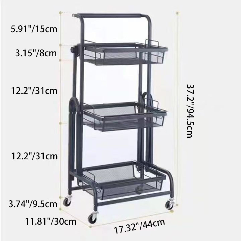 Modern Minimalist Carbon Steel Open Square Rolling Storage Shelf 3-Tier For Living Room