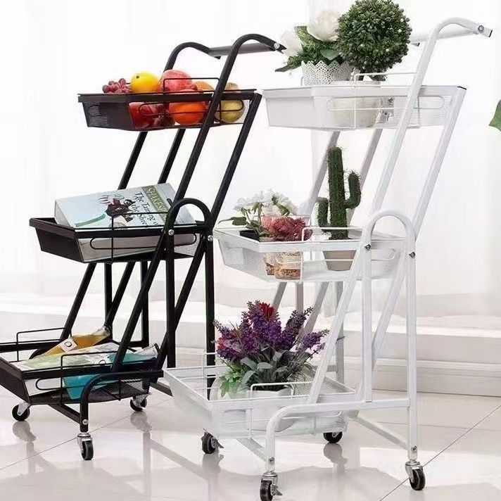 Modern Minimalist Carbon Steel Open Square Rolling Storage Shelf 3-Tier For Living Room