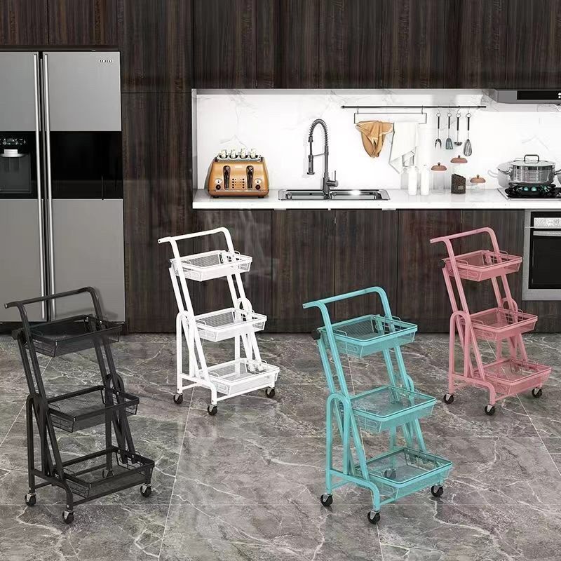 Modern Minimalist Carbon Steel Open Square Rolling Storage Shelf 3-Tier For Living Room
