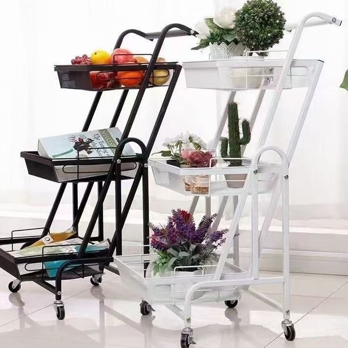 Modern Minimalist Carbon Steel Open Square Rolling Storage Shelf 3-Tier For Living Room