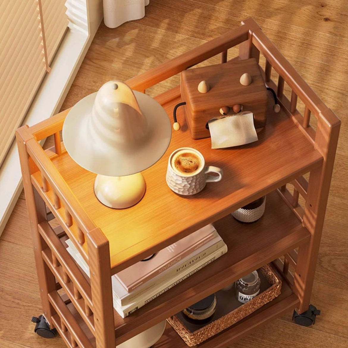 Modern Minimalist Bamboo & MDF Mobile Square Storage Shelf 2/3 Tier Living Room
