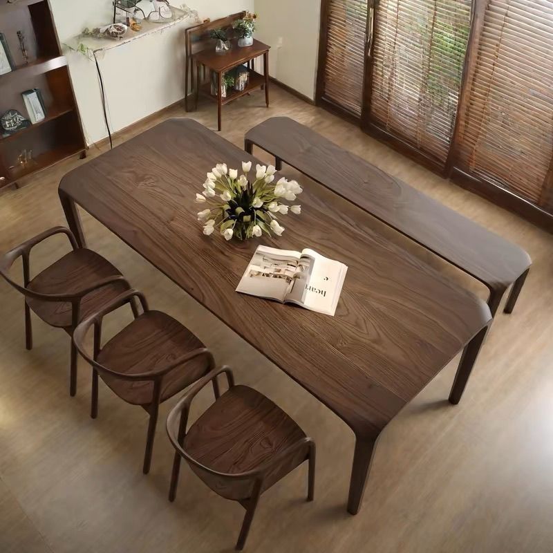 Traditional Chinese Walnut Wood Rounded Rectangular Dining Table 1-Tier For Dining Room