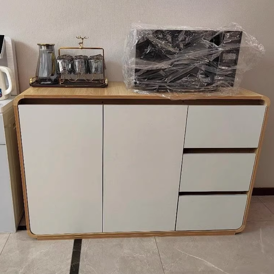 Modern Minimalist Wood Panels Metal Rounded Square Rectangle Storage Cabinet With 3 Drawers For Living Room