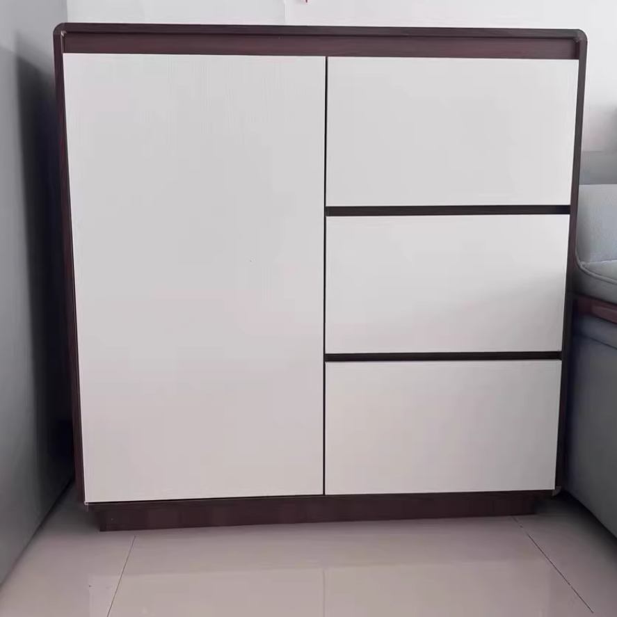 Modern Minimalist Wood Panels Metal Rounded Square Rectangle Storage Cabinet With 3 Drawers For Living Room