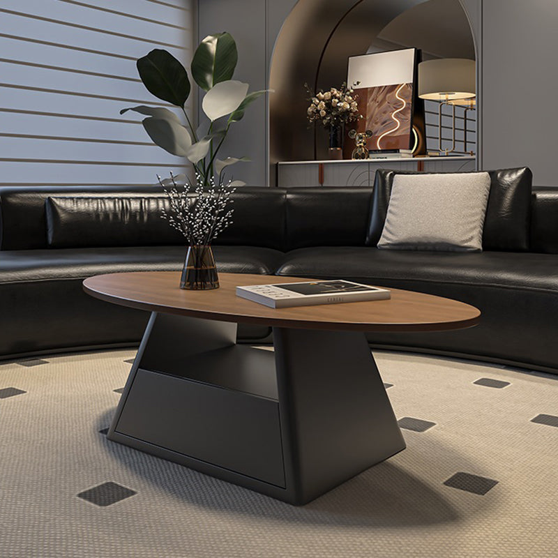 Modern Minimalist Sintered Stone Iron Long Oval Tapered Base Coffee Table With 2-Tier For Living Room