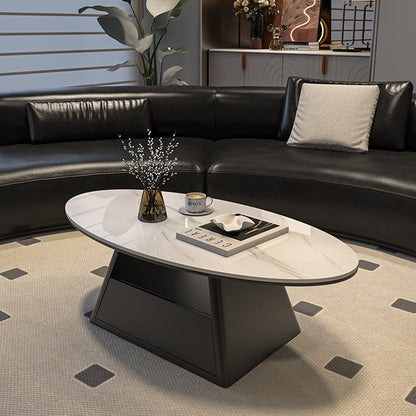 Modern Minimalist Sintered Stone Iron Long Oval Tapered Base Coffee Table With 2-Tier For Living Room