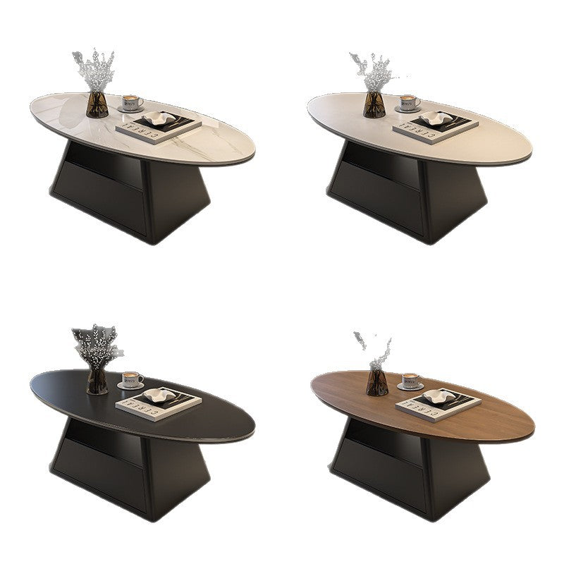 Modern Minimalist Sintered Stone Iron Long Oval Tapered Base Coffee Table With 2-Tier For Living Room