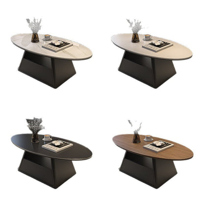 Modern Minimalist Sintered Stone Iron Long Oval Tapered Base Coffee Table With 2-Tier For Living Room