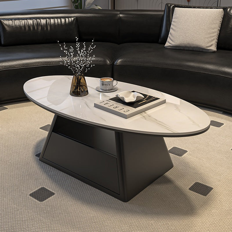Modern Minimalist Sintered Stone Iron Long Oval Tapered Base Coffee Table With 2-Tier For Living Room
