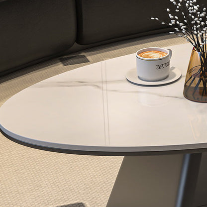 Modern Minimalist Sintered Stone Iron Long Oval Tapered Base Coffee Table With 2-Tier For Living Room