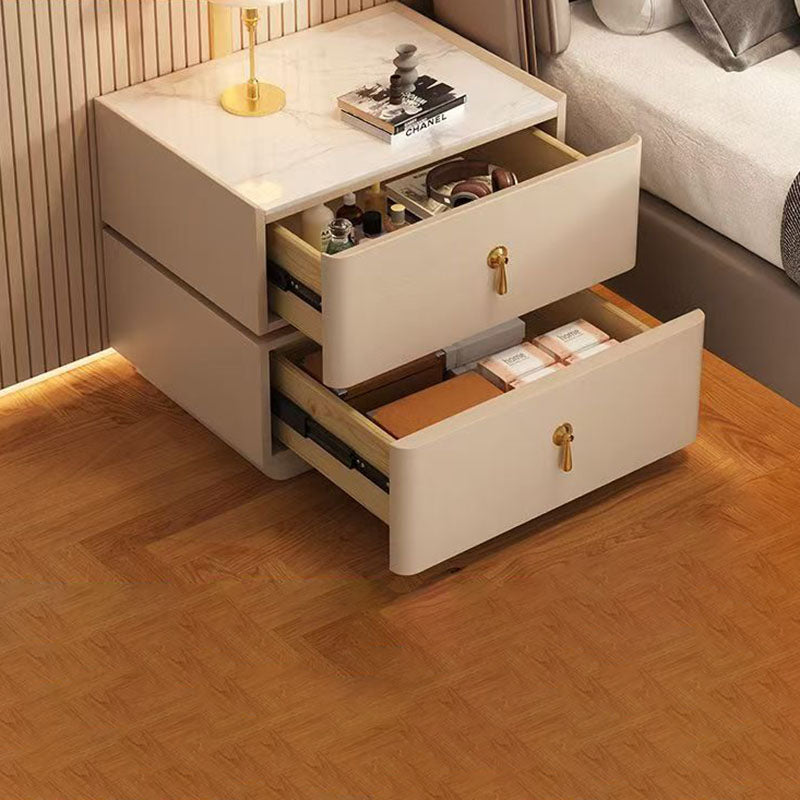 Contemporary Scandinavian MDF Sintered Stone Faux Leather Rounded Square Nightstand 2-Drawer For Bedroom