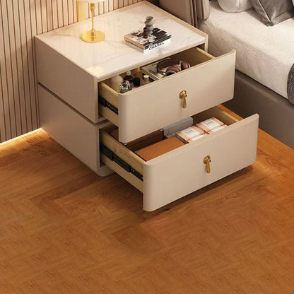 Contemporary Scandinavian MDF Sintered Stone Faux Leather Rounded Square Nightstand 2-Drawer For Bedroom