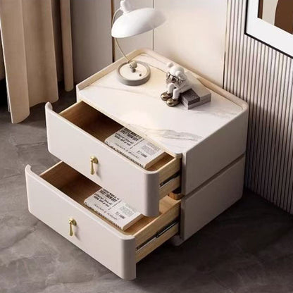 Contemporary Scandinavian MDF Sintered Stone Faux Leather Rounded Square Nightstand 2-Drawer For Bedroom