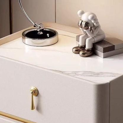 Contemporary Scandinavian MDF Sintered Stone Faux Leather Rounded Square Nightstand 2-Drawer For Bedroom