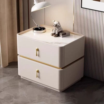 Contemporary Scandinavian MDF Sintered Stone Faux Leather Rounded Square Nightstand 2-Drawer For Bedroom