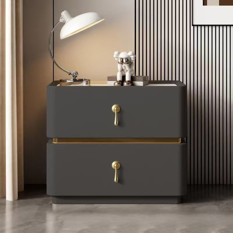 Contemporary Scandinavian MDF Sintered Stone Faux Leather Rounded Square Nightstand 2-Drawer For Bedroom
