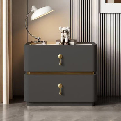 Contemporary Scandinavian MDF Sintered Stone Faux Leather Rounded Square Nightstand 2-Drawer For Bedroom