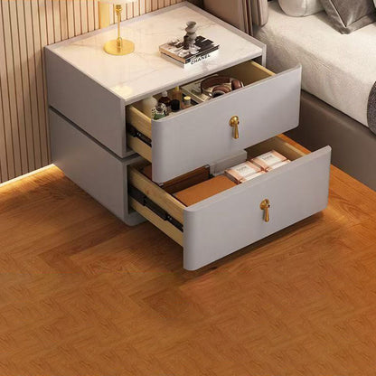 Contemporary Scandinavian MDF Sintered Stone Faux Leather Rounded Square Nightstand 2-Drawer For Bedroom