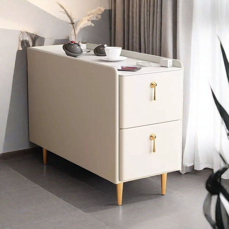 Modern Luxury MDF Solid Wood Stone Slab Faux Leather Rounded Rectangular Side Table 2-Drawer For Living Room