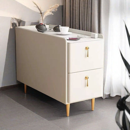Modern Luxury MDF Solid Wood Stone Slab Faux Leather Rounded Rectangular Side Table 2-Drawer For Living Room