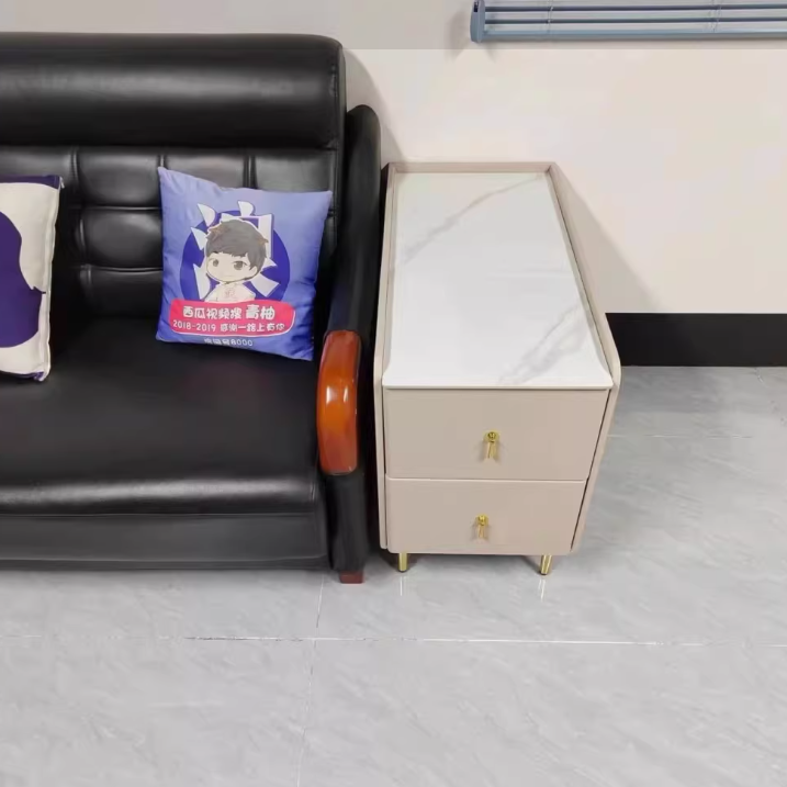 Modern Luxury MDF Solid Wood Stone Slab Faux Leather Rounded Rectangular Side Table 2-Drawer For Living Room