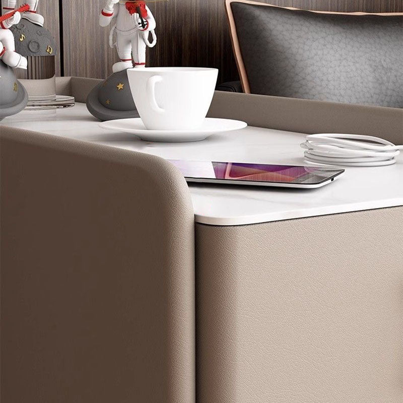 Modern Luxury MDF Solid Wood Stone Slab Faux Leather Rounded Rectangular Side Table 2-Drawer For Living Room