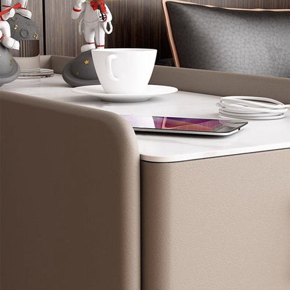 Modern Luxury MDF Solid Wood Stone Slab Faux Leather Rounded Rectangular Side Table 2-Drawer For Living Room