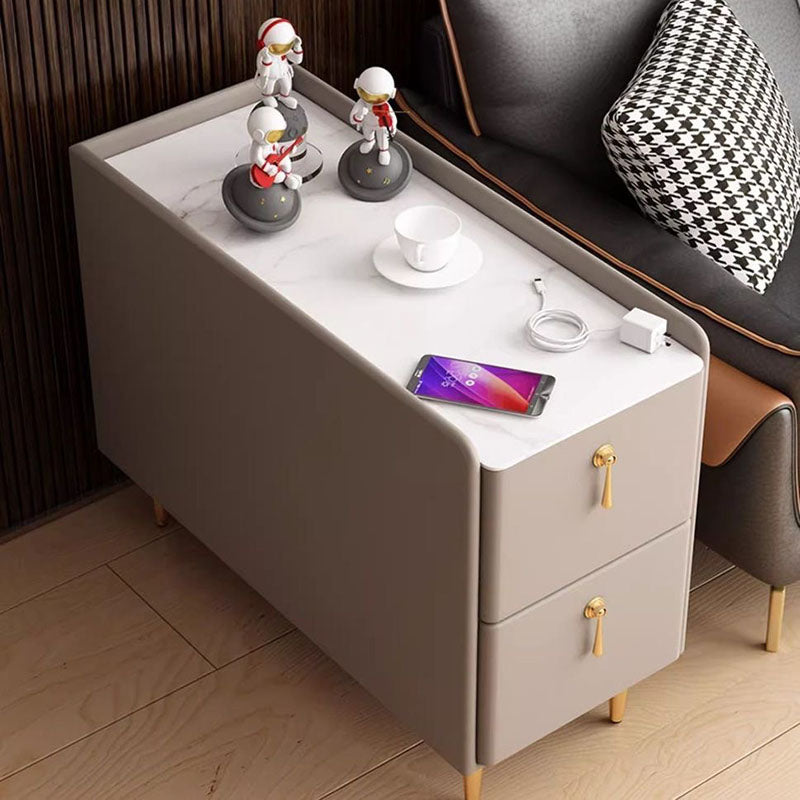 Modern Luxury MDF Solid Wood Stone Slab Faux Leather Rounded Rectangular Side Table 2-Drawer For Living Room