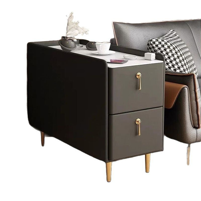 Modern Luxury MDF Solid Wood Stone Slab Faux Leather Rounded Rectangular Side Table 2-Drawer For Living Room